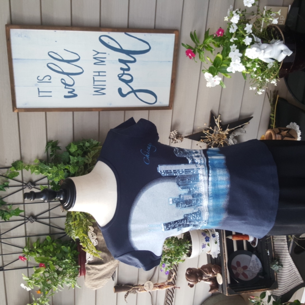 ON TREND ♡ Super-Sweet Vintage Navy Shimmering Chicago Water Front Scene Shirt M